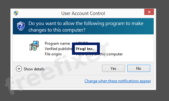 Screenshot where iYogi Inc. appears as the verified publisher in the UAC dialog